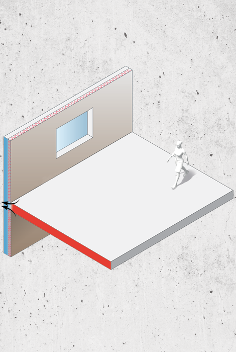 Exemple de pont thermique généré par l'absence d'isolant entre la dalle de plancher et le mur extérieur.