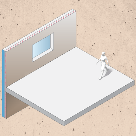 La solution en ITI contre les ponts thermiques : un bloc d'isolant au niveau des liaisons béton béton pour conserver une isolation thermique par l'intérieur.