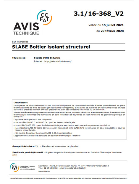 Découvrez le nouveau Slabe et son avis technique numéro 3.1/16-368_V2.